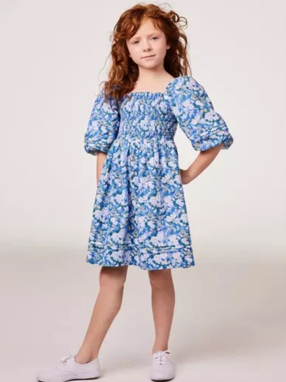 Janie and Jack Natalie Floral Smocked Bubble Sleeve Dress Lapis Floral Size 10